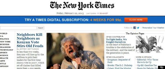 Beppe Grillo sulla prima pagina del New York Times di oggi. Alla vigilia del voto, il mondo ci guarda