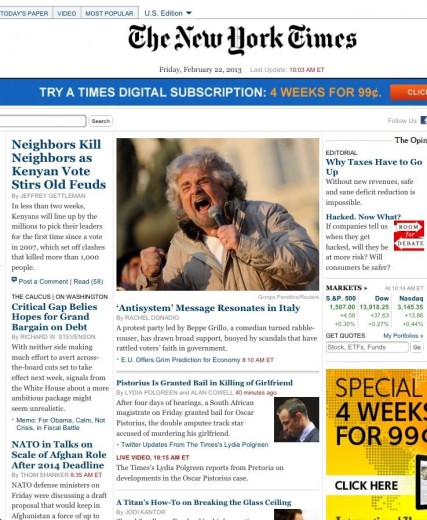 La foto di Beppe Grillo sulla copertina del New York Times di oggi