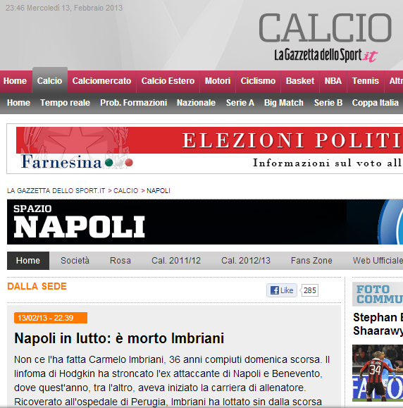 La notizia della morte di Imbriani sul sito della Gazzetta dello Sport